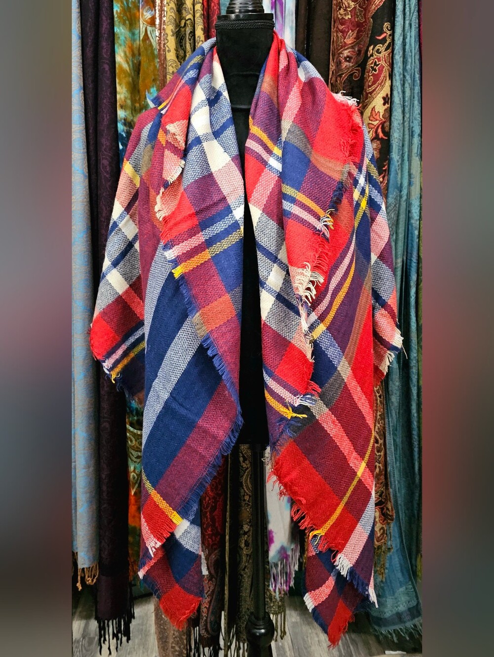 Plaid Fringe Blanket Scarf in Red, Navy & Yellow